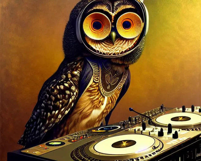 Prompt: anthropomorphic dj owl mixing on stage, diffuse lighting, fantasy, intricate, elegant, highly detailed, lifelike, photorealistic, digital painting, artstation, illustration, concept art, smooth, sharp focus, art by john collier and albert aublet and krenz cushart and artem demura and alphonse mucha