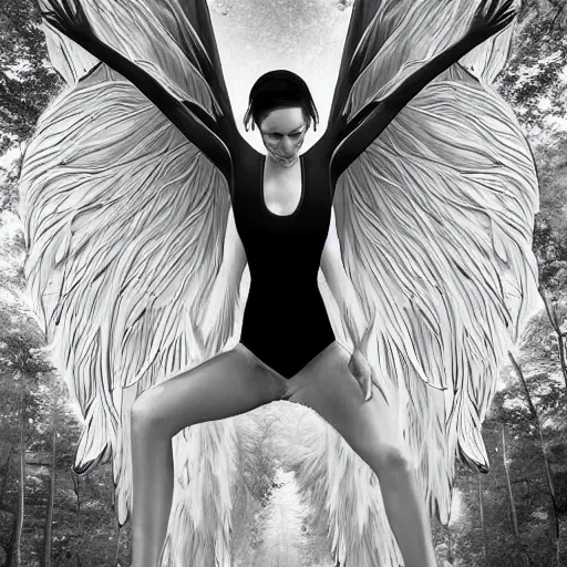 Prompt: tree branches without leafs, branches like veins, perfect angel girl with white wings is looking to the camera, black and white, digital art, by jonathan solter, artgerm