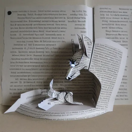 Image similar to cut paper sculpture of a cute husky pup reading a book