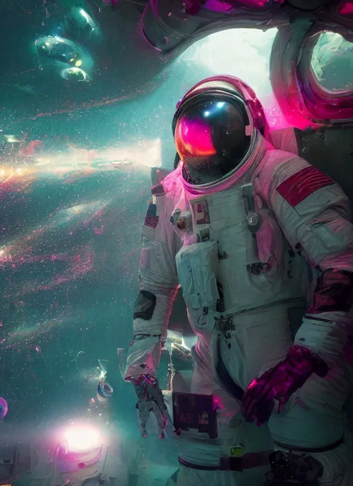 Image similar to complex poster by craig mullins astronaut in futuristic dark and empty spaceship underwater. infrared pink glowing lights. complex and hyperdetailed technical suit. reflection and dispersion materials. rays and dispersion of light. volumetric light. 5 0 mm, f / 3 2. noise film photo. flash photography. unreal engine 4, octane render. interstellar movie art