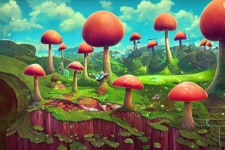 Prompt: surreal mushroom kingdom, floating island in the sky, waterpipes in the ground, summer morning, very coherent and colorful high contrast, art by!!!! gediminas pranckevicius!!!!, geof darrow, dark shadows, hard lighting