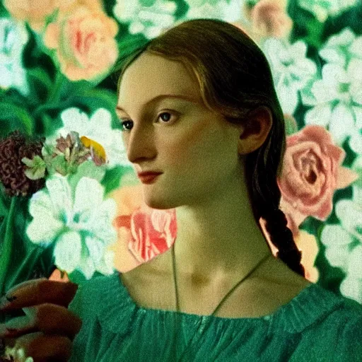 Image similar to a lot of flowers morphing in a beautiful girls face, film still by wes anderson, depicted by balthus, limited color palette, very intricate, art nouveau, highly detailed, lights by hopper, soft pastel colors, minimalist