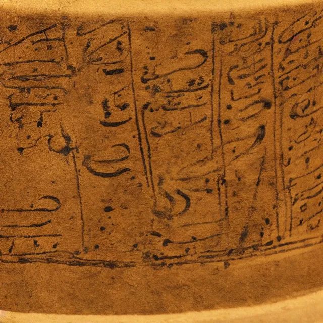 Prompt: an realistic sepia photo of an ancient nabatean scroll with thamudic writing beside a cylindrical clay jar inside a glass case