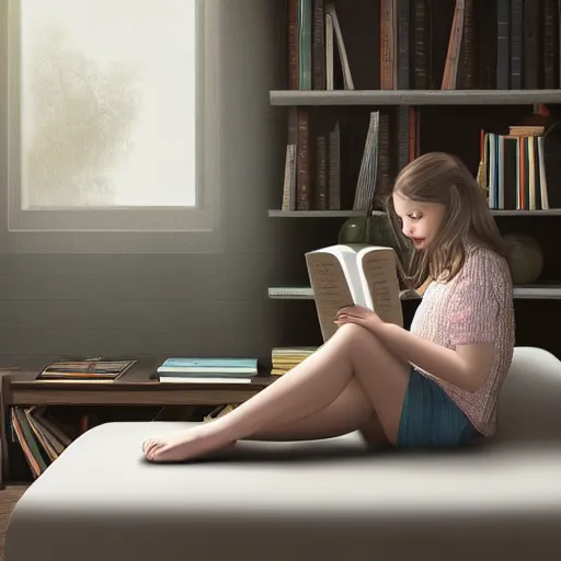 Prompt: a girl sitting down reading a book in a world made of pillows, photorealistic, 4 k, digital art
