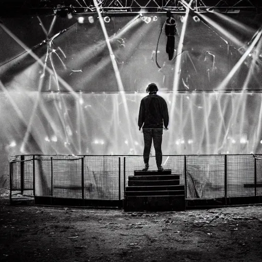 Image similar to abandoned circus, there is one person in the middle of the stage, photograph, 50mm