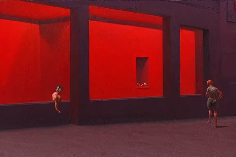 Image similar to only with red, crowd cheering at the sight of a painting, in a city square, in the style of beksinski, parts by edward hopper, parts by rodcenko, parts by yue minjun, intricate and epic composition, red by caravaggio, insanely quality, highly detailed, masterpiece, red light, artstation, 4 k