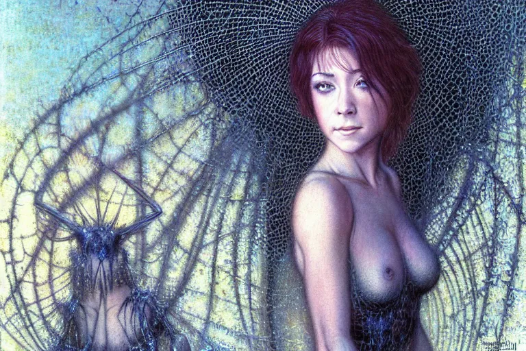 Prompt: cute young alyson hannigan with short hairs in cobweb by jean delville by luis royo and wayne barlowe, beksinski