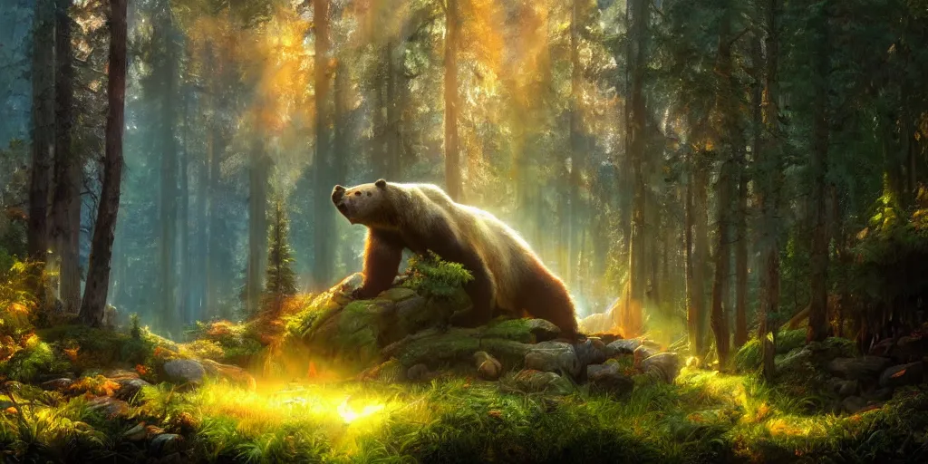 Prompt: bear in the forest, magical energies emanating from it, god rays, wide angle, fantasy art, matte painting, sharp focus, vibrant colors, high contrast, illustration, art by justin gerard