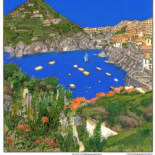 Image similar to illustration, french bande dessinée, final fantasy, mediterranean landscape, quaint village, cinq terre, highly detailed, luminous, by moebius