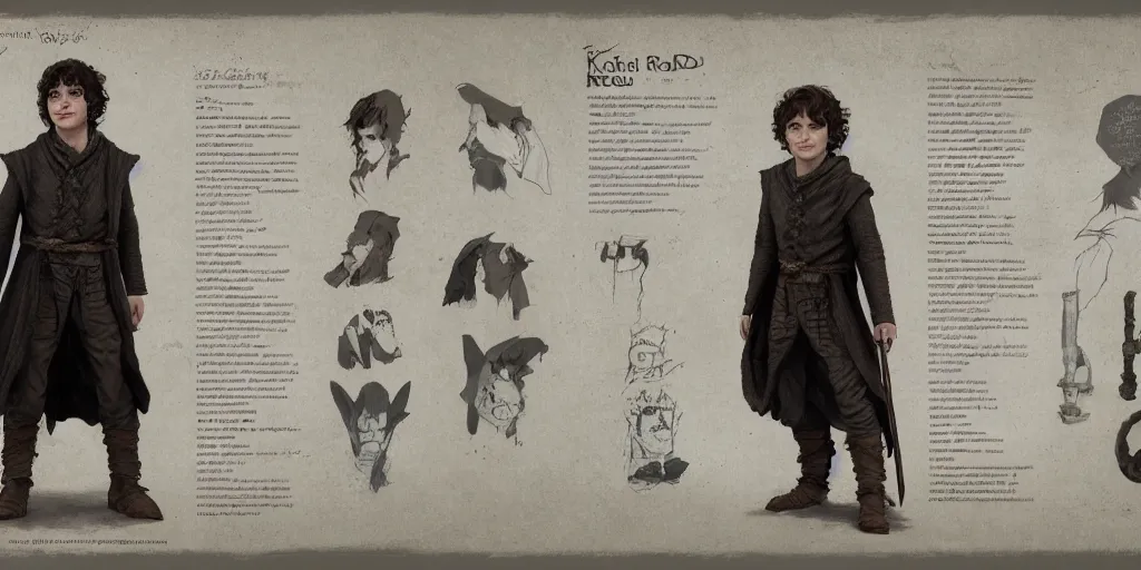 Image similar to frodo baggins, character sheet, concept design, contrast, kim jung gi, greg rutkowski, zabrocki, karlkka, jayison devadas, trending on artstation, 8 k, ultra wide angle, pincushion lens effect