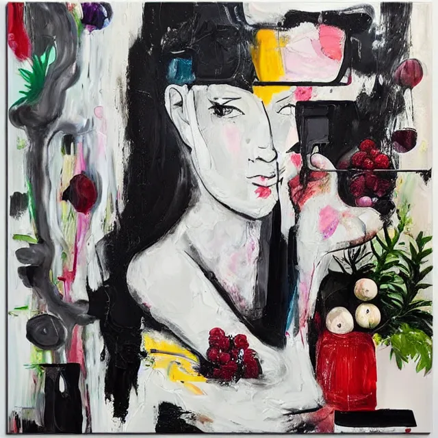 Image similar to “ a portrait in a female art student ’ s apartment, sensual, art supplies, paint tubes, palette knife, pigs, ikebana, herbs, a candle dripping white wax, black walls, squashed berries, berry juice drips, acrylic and spray paint and oilstick on canvas, surrealism, neoexpressionism ”