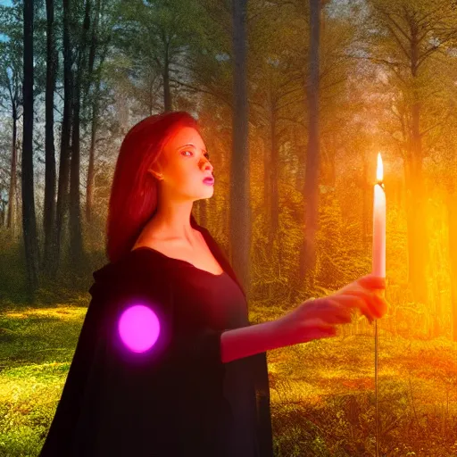 Prompt: a girl glowing with neon colors in the foreground holding a white candle in the distance, and a man in a black cloak walking in the woods behind, at sunset, octane render, realistic lighting, full frame,