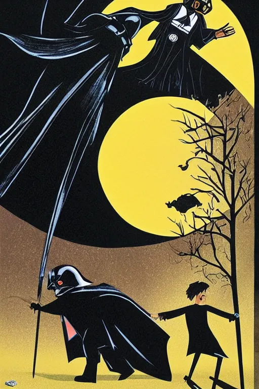 Image similar to an illustration of harry potter fighting darth vader of goodnight moon by margaret wise brown