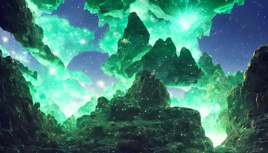 Image similar to A highly detailed digital art painting of a jade green crystalline crystal jade gemstones sparkling cave at night, shimmering starry nebula sky by Studio Ghibli, Makoto Shinkai, by Artgerm, by beeple, volumetric lighting, octane render, 4K resolution, trending on artstation, masterpiece, vivid colours