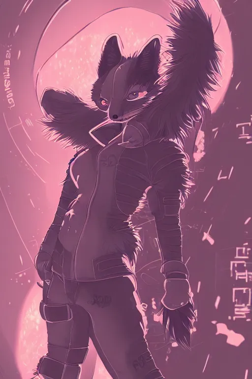 Image similar to a detailed illustration of a cyberpunk anthropomorphic fox with a fluffy tail!!!, manga art, trending on furaffinity, cartoon, kawaii, backlighting