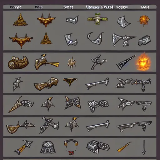 Prompt: game rpg spritesheet of magic weapons artifacts, ultra realism, blender, factorio