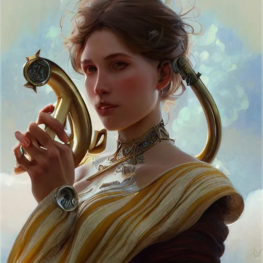 Image similar to a strange blowing horn, d & d, fantasy, intricate, elegant, highly detailed, digital painting, artstation, concept art, smooth, sharp focus, illustration, art by artgerm and greg rutkowski and alphonse mucha