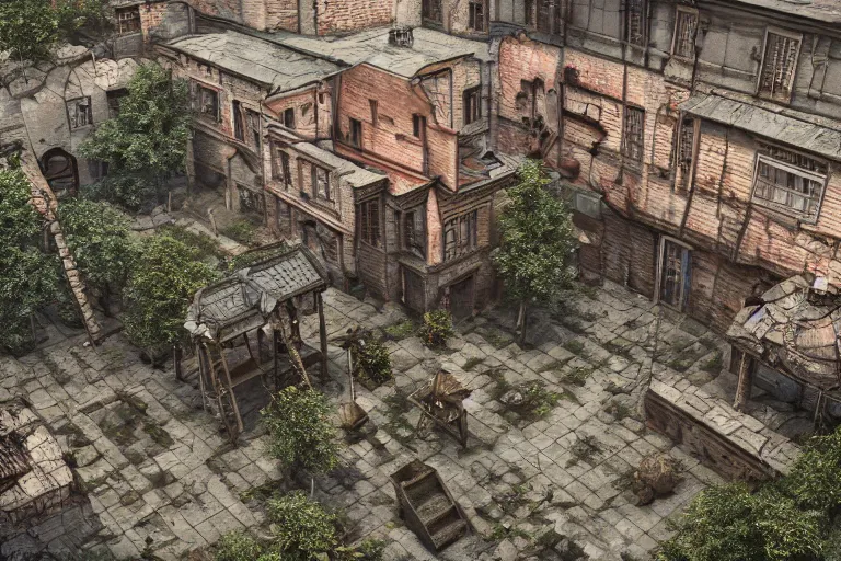 Image similar to a regular russian courtyard with mud and an old playground between two soviet five-storey panel houses, high details, cinematic, 8k resolution, beautiful detailed, insanely intricate details, artstation trending, octane render, unreal engine