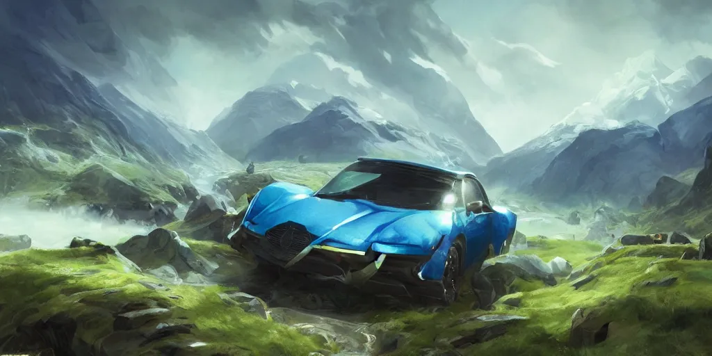 Image similar to wide angle, blue knight, green hatchback car, glacier landscape, norway, D&D, fantasy, intricate, elegant, highly detailed, digital painting, artstation, octane render, concept art, matte, sharp focus, illustration, hearthstone, art by Artgerm and Greg Rutkowski and Alphonse Mucha