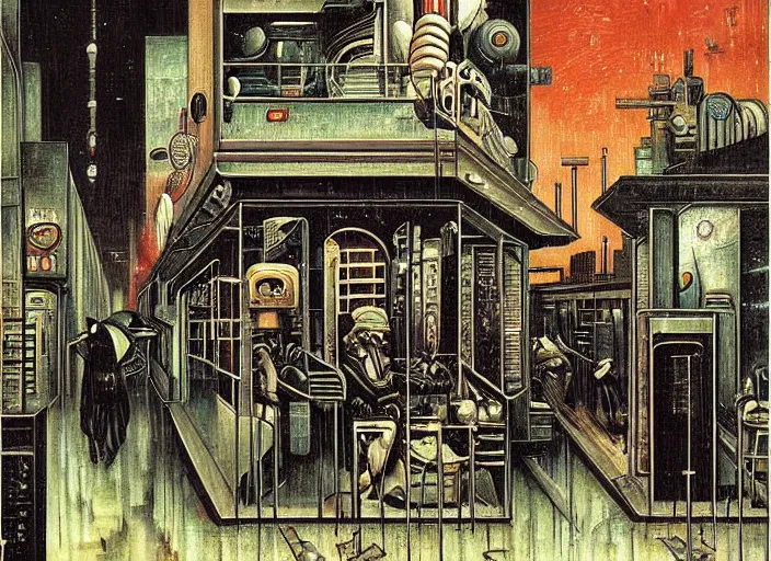 Image similar to melancholy rainy night at a cyberpunk cafe in an infinity cyberpunk city by giorgio de chirico