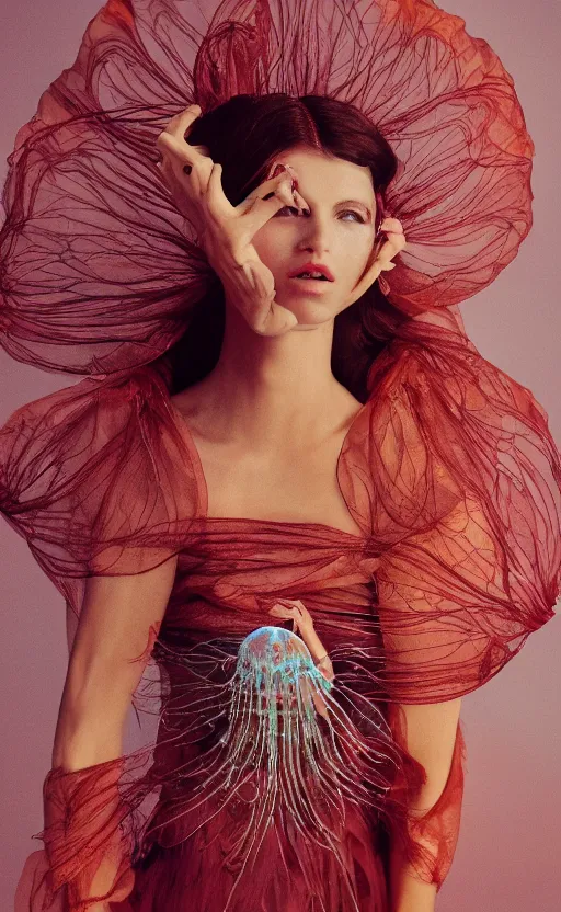 Image similar to Fashion photography of a woman wearing a Gucci dress inspired by a jellyfish, artistic photography, insanely detailed, chiaroscuro, cinestill 800t, Vogue magazine