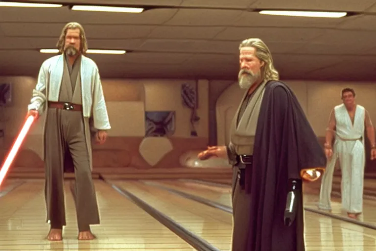 Image similar to a shot looking down a bowling lane of Jeff Bridges The Big Lebowski as a Jedi Bowling in Star Wars