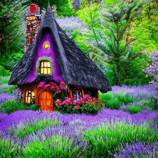 Image similar to a witch cottage made of candy, magical forest, lavender mist, floral, photography by ansel adams