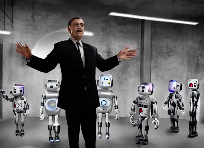 Image similar to a human robot dictator delivering a propaganda speech to human robots, very artistic, ominous