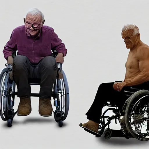 Image similar to the hulk as a very old man sitting in an oversized wheelchair