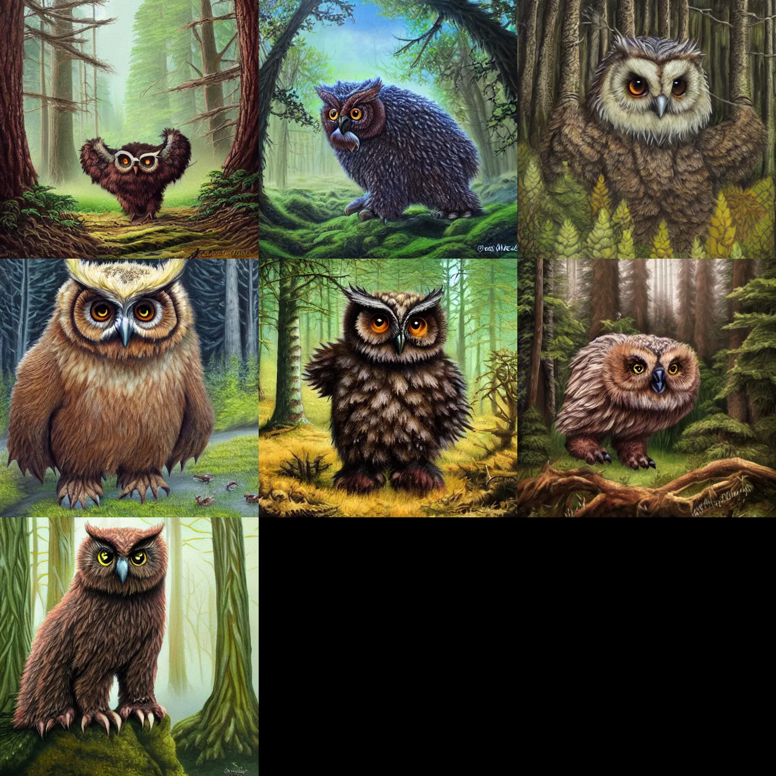 Prompt: owlbear in a forest, detailed realistic fantasy painting.