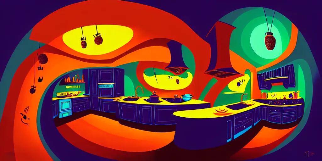 Prompt: curved perspective digital art of a vibrant dark kitchen from Tim Burtons Nightmare Before Christmas by Petros Afshar