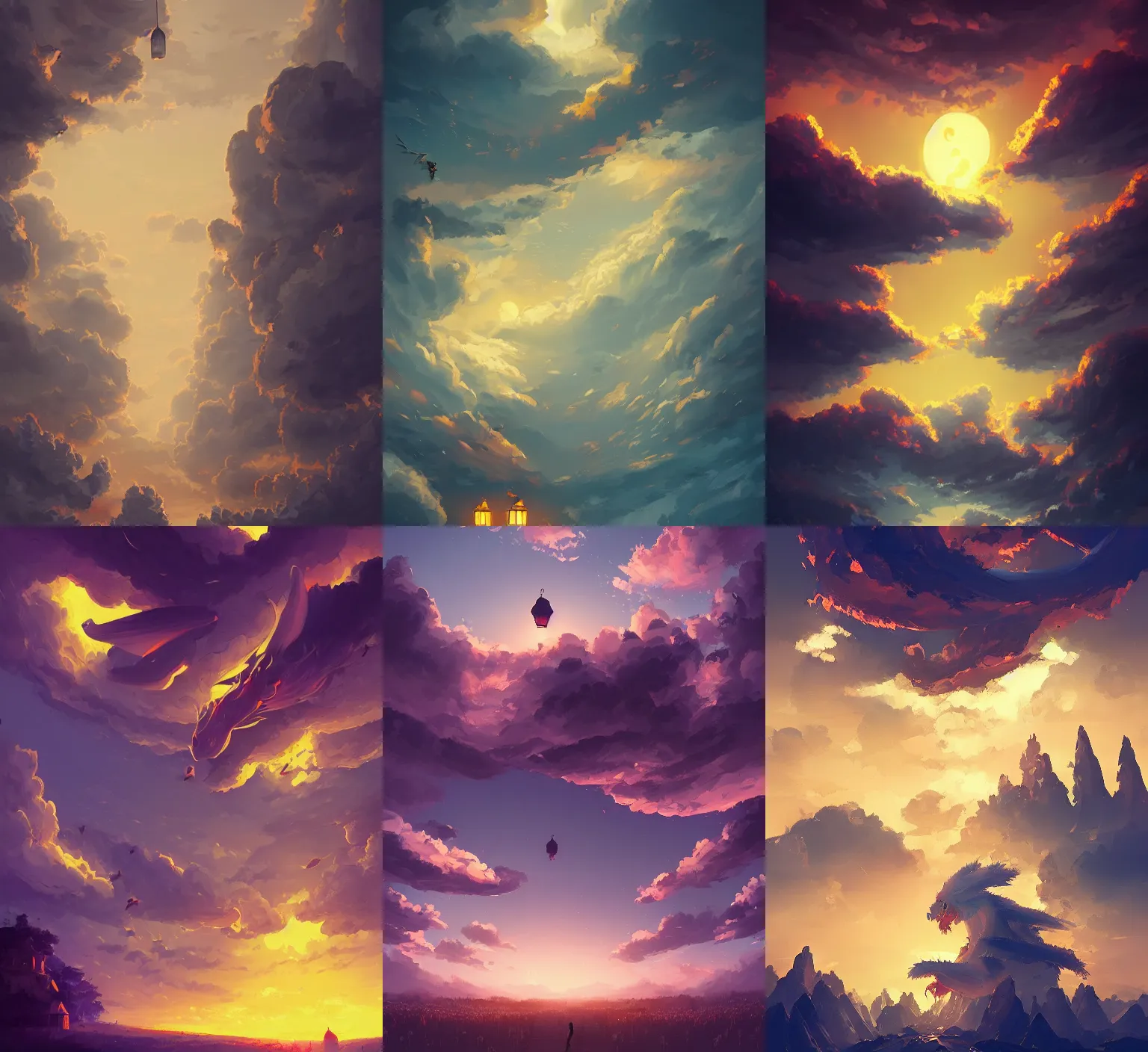 Prompt: Clouds in the shape of dragons, giant lanterns, digital painting by Alena Aenami, serene, artstation, concept art, 8k