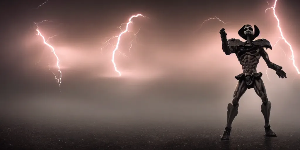Prompt: skeletor fighting he - man, fog on the ground, heavy rain, lightning, moody lighting, shallow depth of field,
