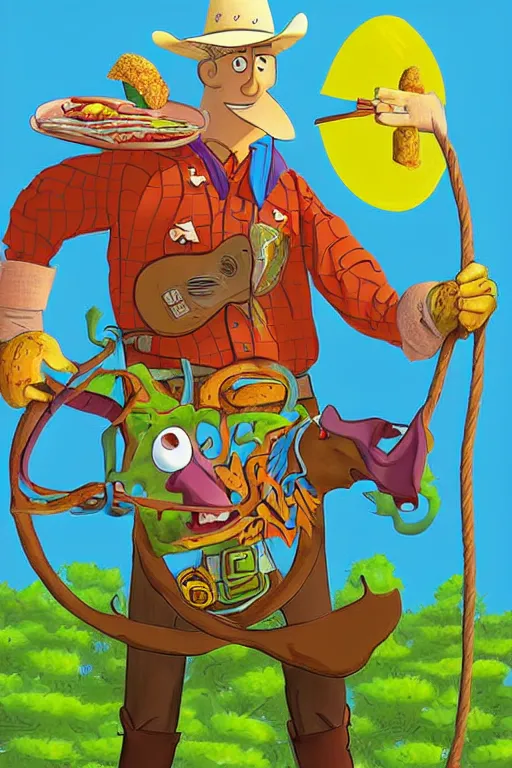 Prompt: illustration for a story that reads : woody the cowboy, from texas he hails, and his favorite food is beef jerky and kale. he chows down on six pounds a day, that's why he's so strong, hale, and hearty!, colorful, fantasy, pixar, childrens book illustration, sharp high detail, manga and anime ( 2 )