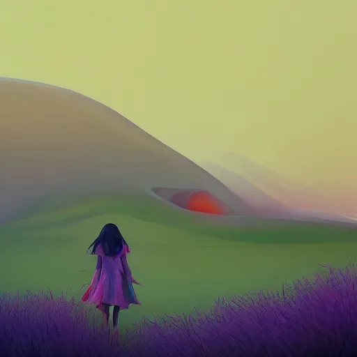 Image similar to portrait, giant purple dahlia flower head, girl walking between dunes, surreal photography, sunrise, blue sky, dramatic light, impressionist painting, digital painting, artstation, simon stalenhag