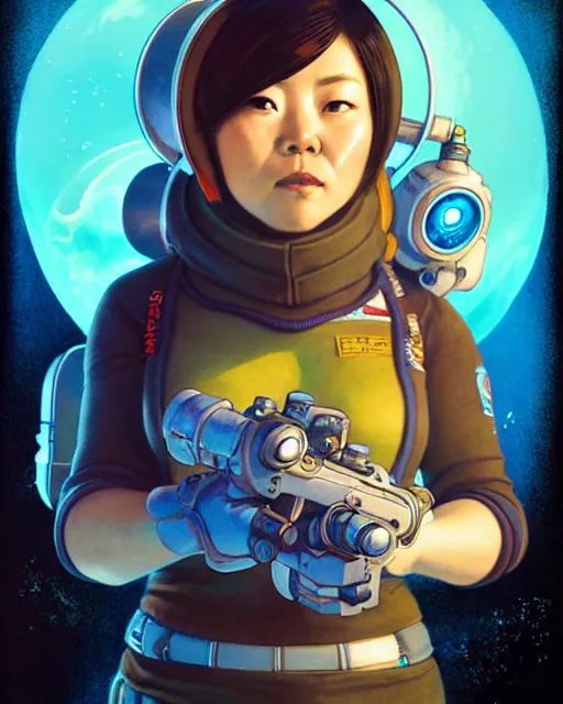 Image similar to mei from overwatch, character portrait, ice, portrait, close up, concept art, intricate details, highly detailed, vintage sci - fi poster, retro future, in the style of chris foss, rodger dean, moebius, michael whelan, and gustave dore