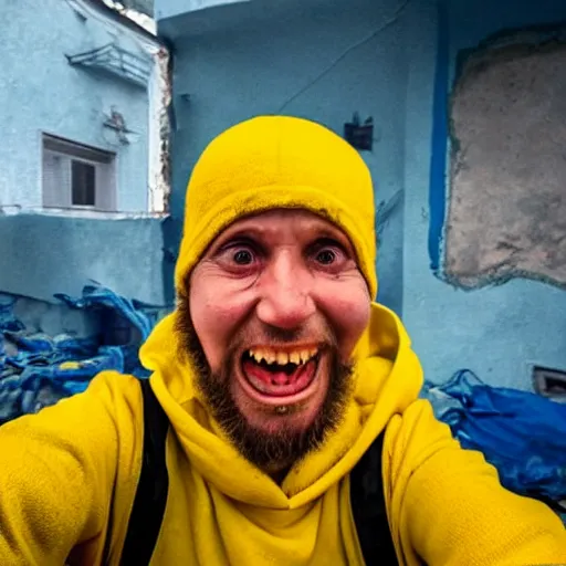 Image similar to 2 0 2 2 last selfie of last alive of frightened funny ukrainian in dirty yellow and blue clothes, trying to escape, badly injured from radiation to bones from a huge nuclear explosion at background