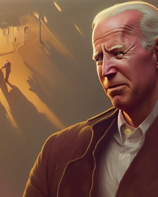 Image similar to highly detailed vfx portrait of a drooling joe biden, stephen bliss, unreal engine, greg rutkowski, loish, rhads, beeple, makoto shinkai and lois van baarle, ilya kuvshinov, rossdraws, tom bagshaw, alphonse mucha, global illumination, detailed and intricate environment