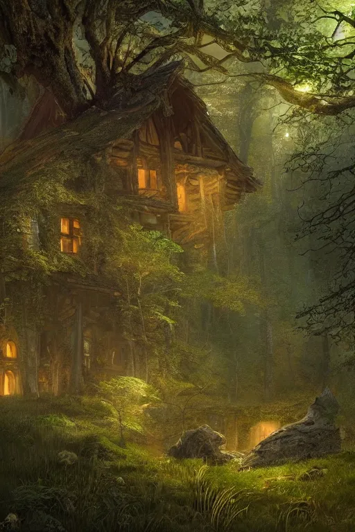 Image similar to the wooden house of a ancient witch in an ancient old forrest, eeire mood, lush vegetation, Dynamic lighting, cinematic, establishing shot, extremely high detail, photo realistic, cinematic lighting, , post processed denoised, concept design, concept art, artstation, matte painting, midjourney, style by alex ross, raphael lacoste, eddie mendoza