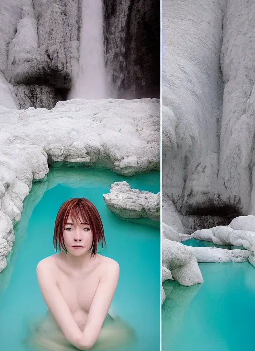 Prompt: Kodak Portra 400, 8K, soft light, volumetric lighting, highly detailed, Kasumi Arimura style 3/4 ,portrait photo of Japanese Goddess, the face emerges from Pamukkale, thermal waters flowing down white travertine terraces, inspired by Ophelia paint , a beautiful luxurious celestial suit and hair are intricate with highly detailed realistic beautiful flowers , Realistic, Refined, Highly Detailed, ethereal outdoor pastel lighting colors scheme, outdoor fine art photography, Hyper realistic, photo realistic