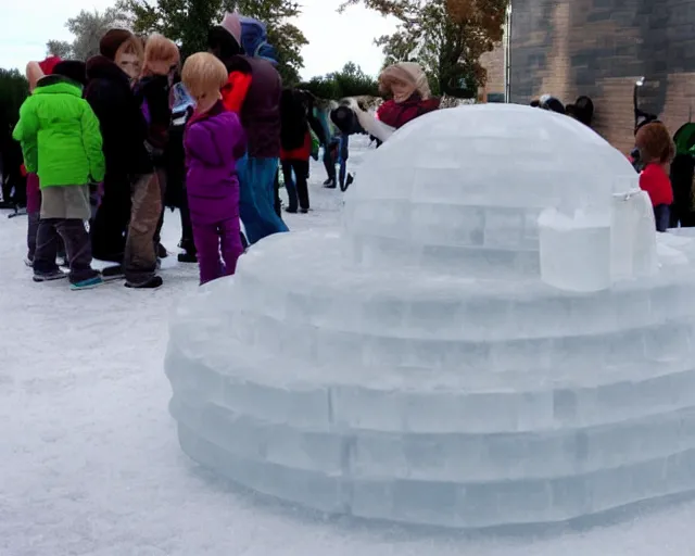 Image similar to ice sculpture. there is a little blonde boy inside a robot made of ice. the ice sculpture is a mecha inspired igloo.