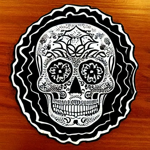 Image similar to “ sugar skull mirror image woodcut by mc escher and hp lovecraft ”