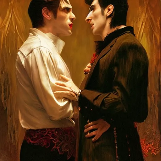 Image similar to attractive male, arthur pendragon confesses his love to attractive male dracula the vampire. highly detailed painting by gaston bussiere, craig mullins, j. c. leyendecker 8 k