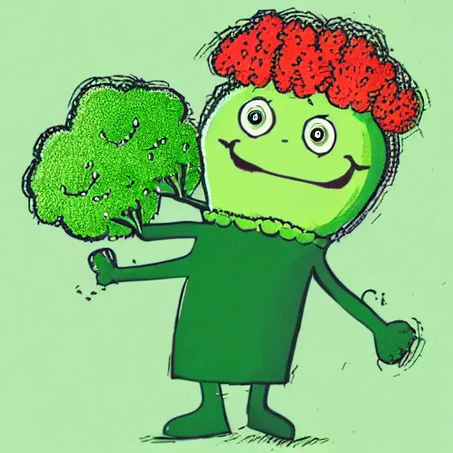 Image similar to a dancing broccoli, he is very happy, children illustration