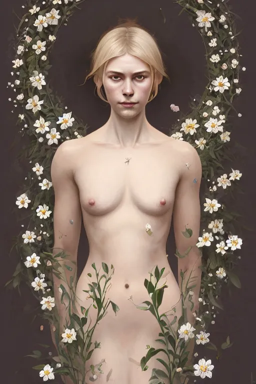 Image similar to symmetry!! full body portrait!!!! of a beautiful!!!! delicate elegant nordic shield maiden, pretty face!!!!, flower petals, intricate, elegant, highly detailed, digital painting, artstation, concept art, smooth, sharp focus, illustration, art by artgerm and greg rutkowski and alphonse mucha, 8 k