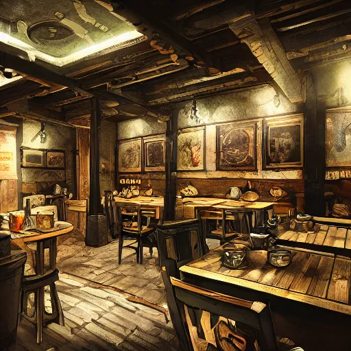 Image similar to Interior design Tavern in Mixed style of Medieval and in style of Cyberpunk, Many details