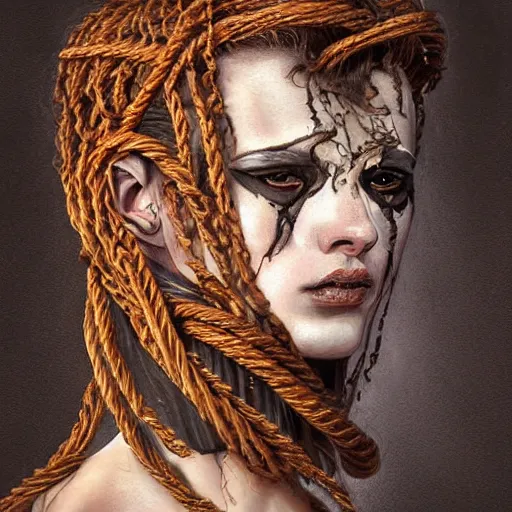 Prompt: portrait of a Shibari rope wrapped face and neck, headshot, insanely nice professional hair style, dramatic hair color, digital painting, of a old 15th century, roman gladiator, amber jewels, baroque, ornate clothing, scifi, realistic, hyperdetailed, chiaroscuro, concept art, art by Franz Hals and Jon Foster and Ayami Kojima and Amano and Karol Bak,