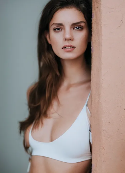 Image similar to a woman posing, brown hair, indoors, wearing a white bikini, backlit, photo by Marat Safin, Canon EOS R3, f/1.4, ISO 200, 1/160s, 8K, RAW, unedited, symmetrical balance, in-frame