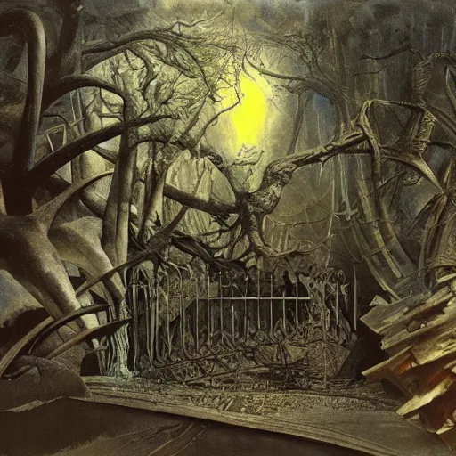 Image similar to the gate between reality and simulation, matte painting by ivan shishkin and roberto matta and dave mckean