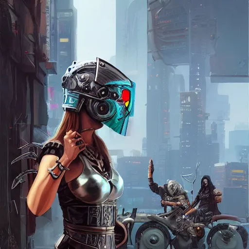 Image similar to cyberpunk viking helmet mask warrior goddess robot ninja fantasy, art gta 5 cover, official fanart behance hd artstation by jesper ejsing, by rhads, makoto shinkai and lois van baarle, ilya kuvshinov, ossdraws